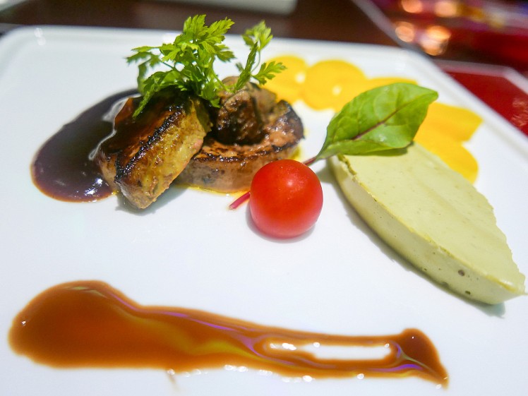 4. foie gras with creamy avocado panna cotta, poached pears & balsamic reduction