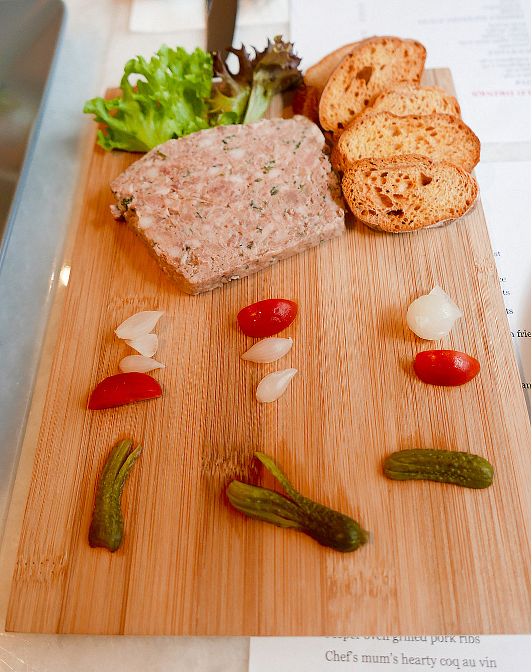 6.1 rustic duck rillettes, tender & fleshy, paired with pickled gherkins