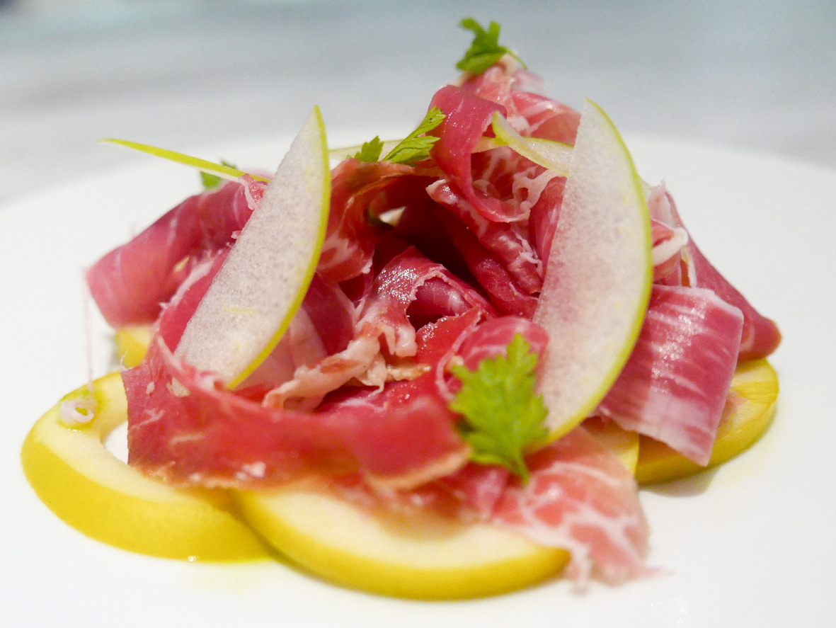 5. Jamon Iberico with poached and fresh apples, shaved radish & chive flowers